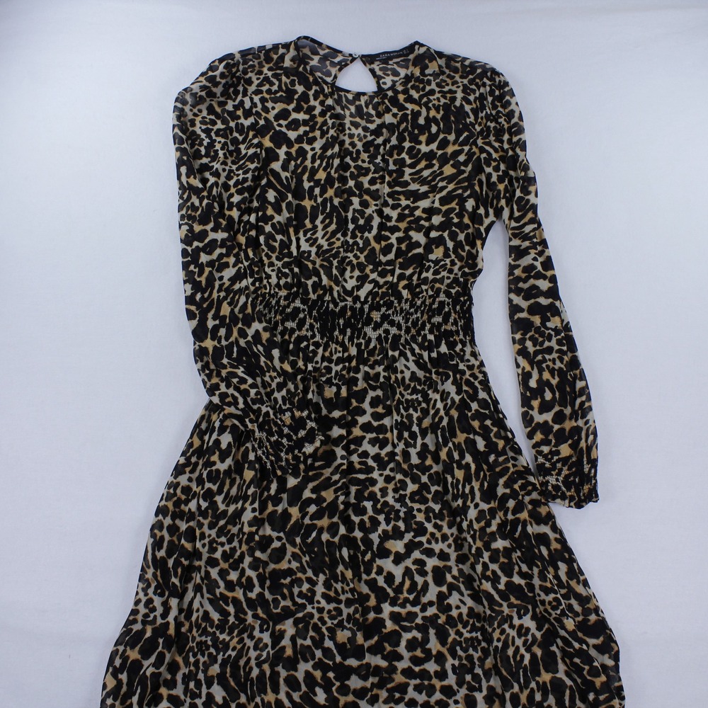 Zara Woman Leopard Print Chiffon Maxi Dress Size S Smocked Waist Long Sleeve